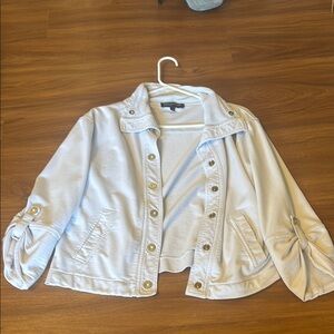 Jones New York White Cropped Jean Jacket with Ruched Sleeves